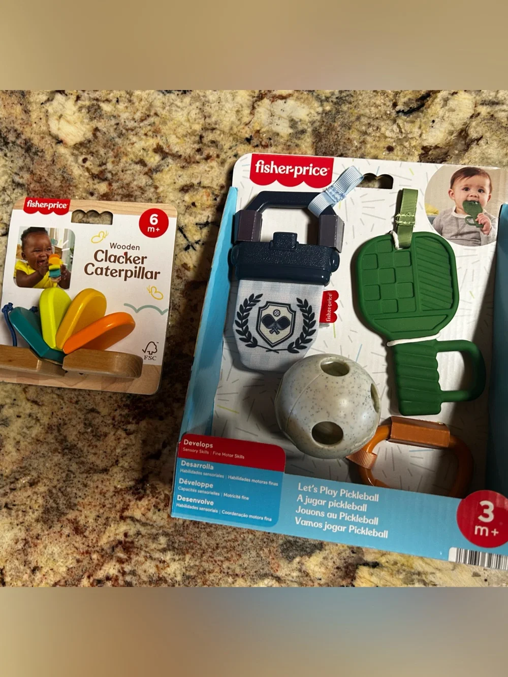 NIB Fisher-Price 2 Toy Set Pickleball Teether & Toy Set & Wooden Clacker Baby